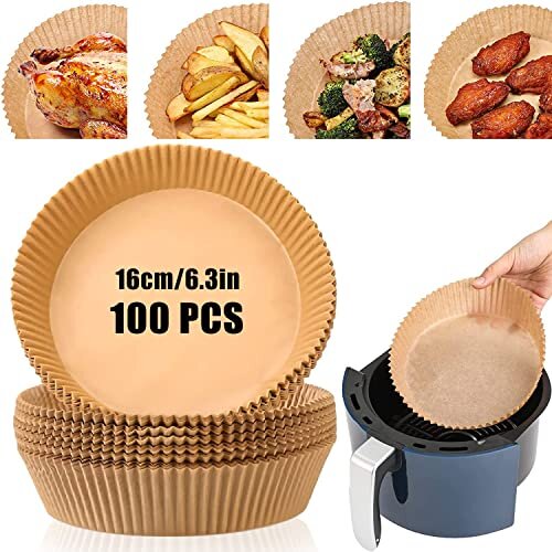 Air Fryer Liners, 100Pcs Air Fryer Disposable Paper Liners, 6.3in Non-Stick Baking Parchment Paper, Multipurpose Oil-Proof, Water-Proof Paper Liners